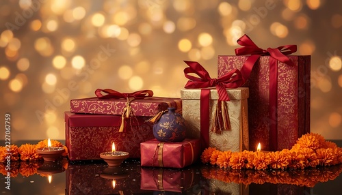 Diwali gift boxes with red ribbons and marigold flowers on reflective