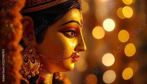 Golden goddess idol intricate jewelry detailed face warm bokeh