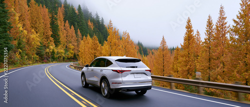 Silver Modern SUV Car Driving Along Winding Mountain Road Through Autumn Forest with Orange Trees