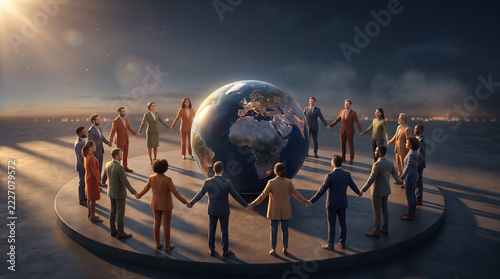 The diverse people holding hands around a glowing globe under the sky for World Kindness Day global community