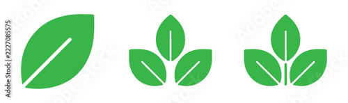 Green leaf vector set showing single leaf and three leaves icons for ecology nature and organic branding.
