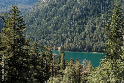 View of Sant Maurici lake  in Aigüestortes National Park on sunny summer day. Espot, Catalonia, Spain.