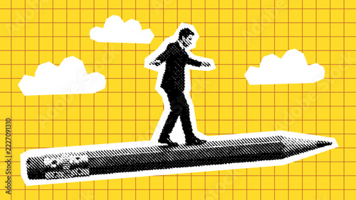 Businessman Walking on Giant Pencil Retro Halftone Collage Illustration