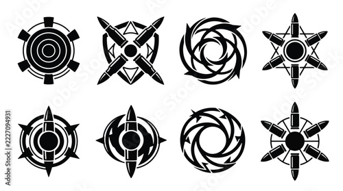 Eight black tactical bullet icons set for military gaming logos