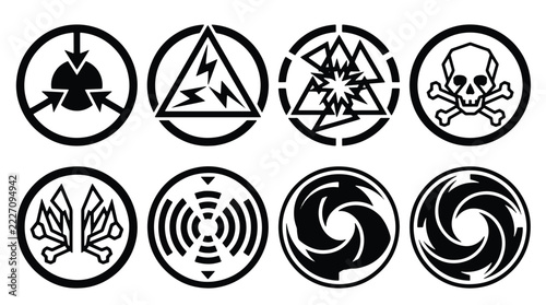 Set of eight black tactical gaming icons for futuristic interfaces