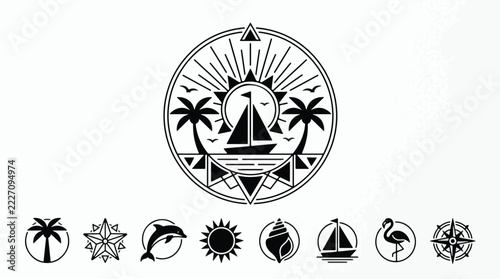 Nautical summer beach icon collection with sailboat and palm trees