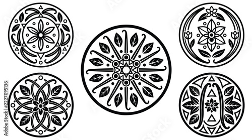Five circular black and white floral mandala medallions for decoration