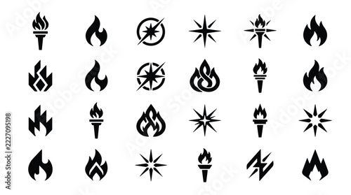 Collection of black minimalist fire flame and torch vector icons