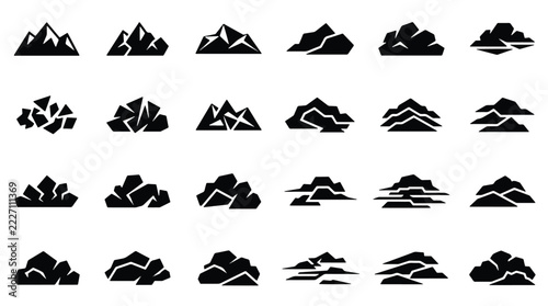 Black mountain silhouette icons set for nature landscape graphic design