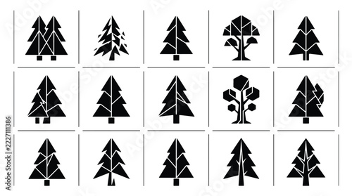 A collection of fifteen minimalist geometric black tree vector icons