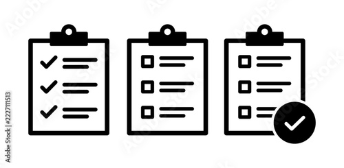 Clipboard Checklist Icon Set with Task List and Approval Checkmark, Black Outline Vector