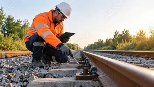 Railway technician in orange protective workwear inspecting rail fasteners beside a digital tablet during track maintenance outdoors