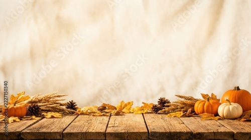 Pumpkins and autumn harvest leaves on wooden table against rustic wall