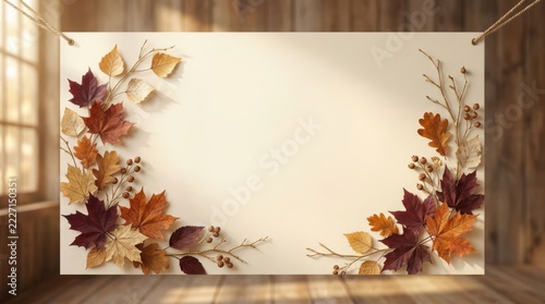 Rustic wooden interior with autumn leaf garland frame on white wall