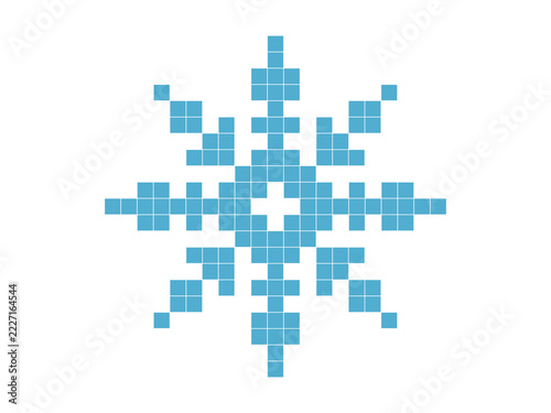 This illustration features a vector graphic of a light blue snowflake, designed with a pixel-art style reminiscent of embroidery patterns, set against a white background.