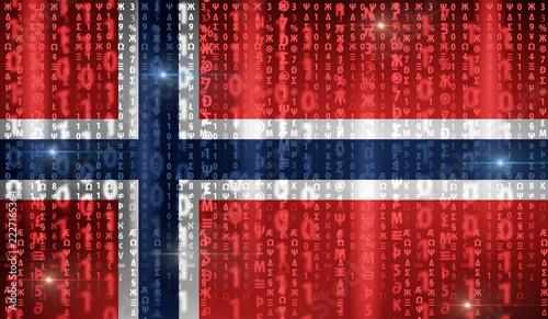 Flag of Norway on a background of mixed digital symbols, binary numbers, programming characters, and cyber code patterns. Modern technology and information security concept.