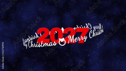 Merry Christmas animation 2027 two thousand twenty seven christmas star space background greeting text rotation celebration