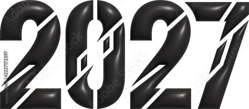 Abstract three dimensional 2027 numerals featuring dark metallic finish and sharp geometric fracture