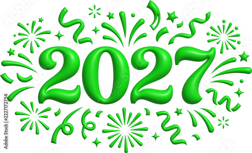 Green 2027 lettering surrounded by festive celebration confetti and firework sparkles with new year