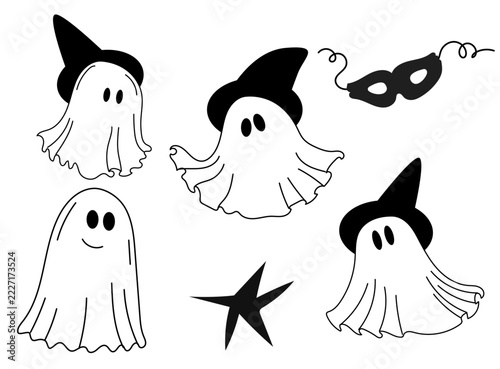 Ghost Phantom Outline Art. Funny Halloween Holiday Spirit Decoration. Cute Spooky Boo Flying Magic Character. Halloween Autumn Holiday Family Greeting Party Invitation Symbol. Child Retro Sticker