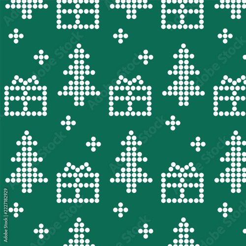white ornament Christmas tree and gifts on a green background