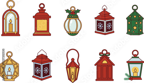 Collection of colorful hanging lanterns each with unique designs and festive details presented as a vector illustration illumination lighting holiday