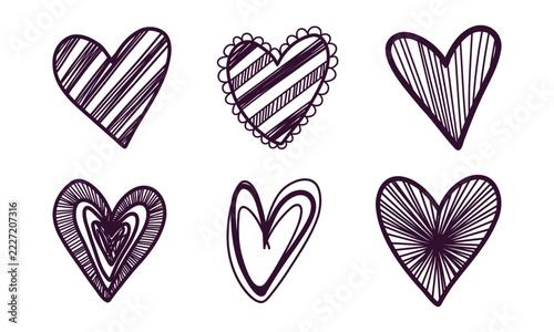 Hand drawn dark purple heart doodle set, sketchy striped, sunburst and sketchy outline love symbols line art illustrations isolated on white background