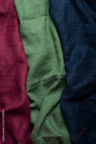 Layered Green Navy and Burgundy Linen Fabrics Texture