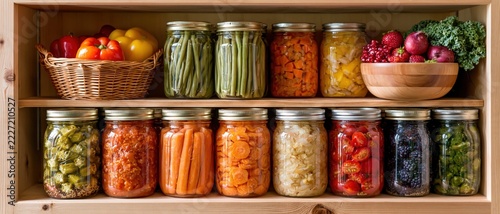 Wooden shelves hold jars of preserved vegetables