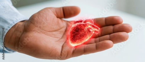 Hand cradles glowing red heart, symbolizing vitality or danger