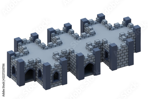 Gray brick medieval building isometric style fortress. 3d rendering.