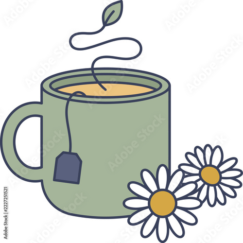 Herbal Chamomile Tea Mug with Tea Bag Leaf Steam and Daisy Flowers