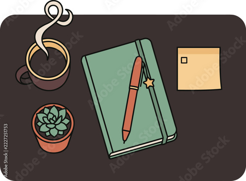 Desk Workspace Flat Lay with Planner Pen Coffee Mug and Succulent