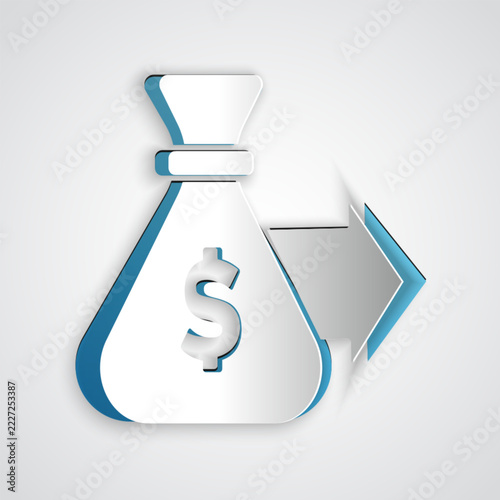 Paper cut Money bag icon isolated on grey background. Dollar or USD symbol. Cash Banking currency sign. Paper art style. Vector