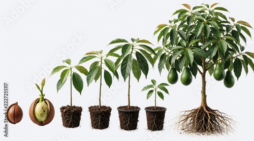 Avocado tree life cycle stages on white background. Seed germinating, growing into small plant big fruit tree with green leaves, roots. Sequence shows evolution from avocado pit to mature organic