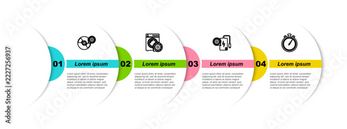 Set line CD or DVD disk setting, Washer, Power bank and Stopwatch. Business infographic template. Vector
