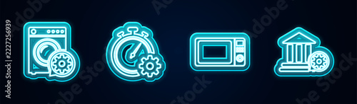 Set line Washer setting, Time management, Microwave oven and Bank building. Glowing neon icon. Vector