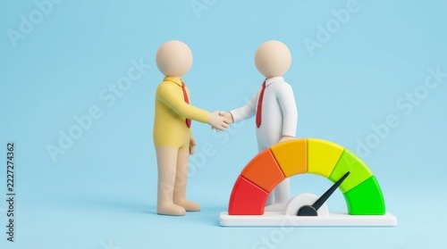 High level of trust between parties represented by figures shaking hands over a performance meter.