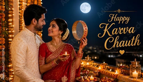 Indian couple celebrating karva chauth festival looking at full moon and sieve with festival