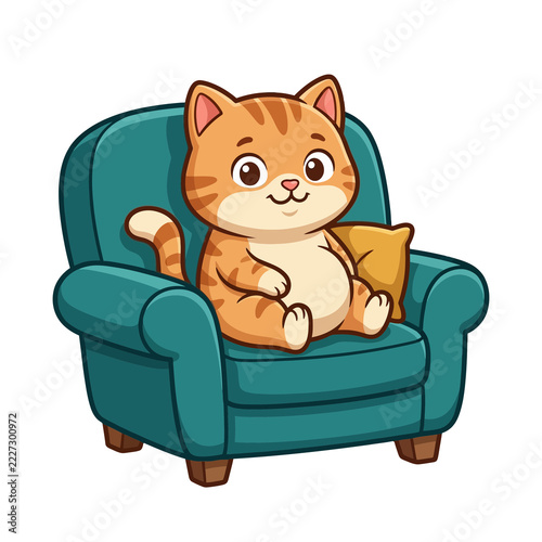 Cute Ginger Tabby Cat Sitting on a Cozy Teal Armchair