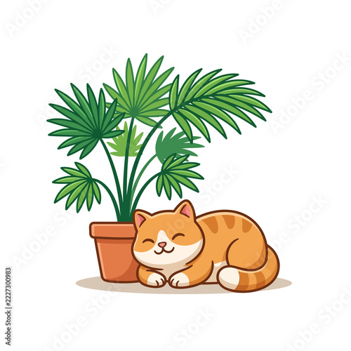Cute Cartoon Ginger Cat Sleeping Beside A Potted Palm Plant