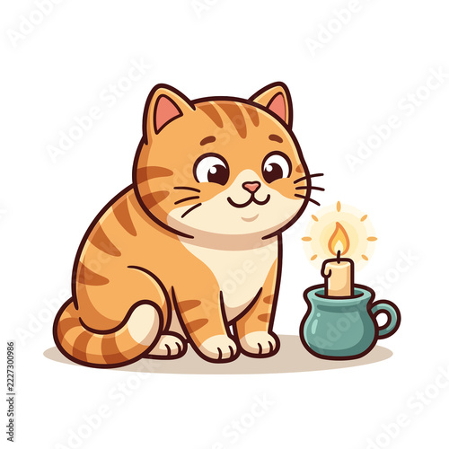 Cute Ginger Tabby Cat Sitting Next to a Lit Candle