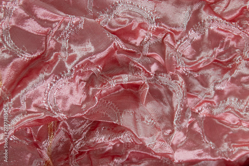 Pink Crinkled Satin Fabric with Embroidered Circular Patterns