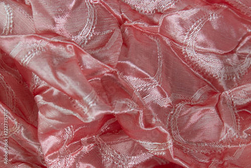 Pink Crinkled Satin Fabric with Embroidered Circular Patterns