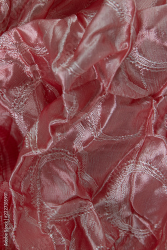 Pink Crinkled Satin Fabric with Embroidered Circular Patterns