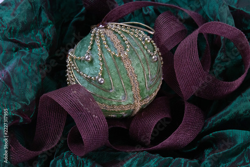 Victorian Green Velvet Christmas Bauble with Gold Bead Embroidery and Burgundy Ribbon