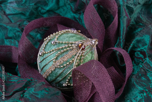 Victorian Green Velvet Christmas Bauble with Gold Bead Embroidery and Burgundy Ribbon