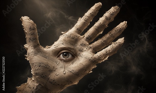 Hand of music, eye weepssmoke swirls in dark, haunting artistry.