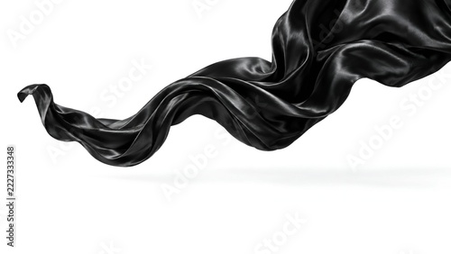 Flying black silk satin fabric flowing isolated on plain white background