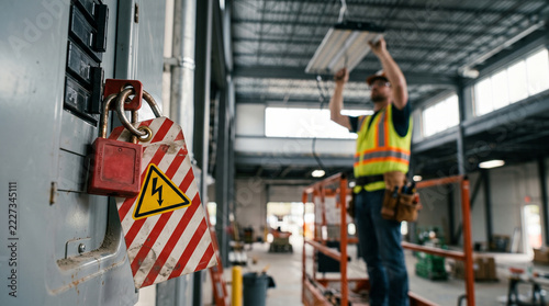 Electrician wearing high visibility vest installing industrial lighting fixture while lockout tagout padlock secures electrical panel in large warehouse facility 
